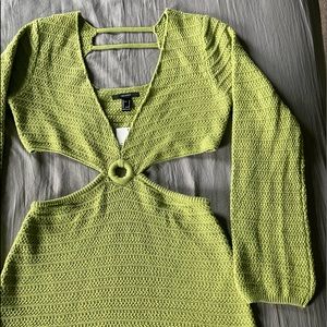Forever 21 Crochet Cut Out Plunging V neck Mini Sweater Dress in Green L/XL